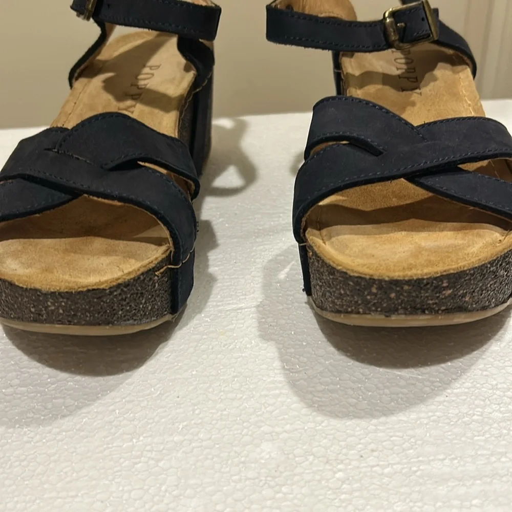 Like New! Poppy cork Wedge suede strap sandals cushion insoles size 37 dark blue